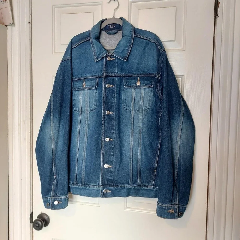 IZOD Jeans Mens Blue Denim Jacket 70s Style Trucker Coat Size L
